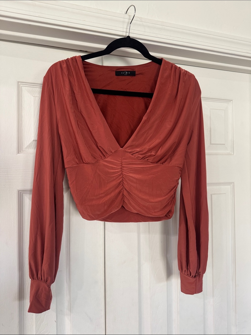 All saints Rust Cropped Ruched V-Neck Long Sleeve Top